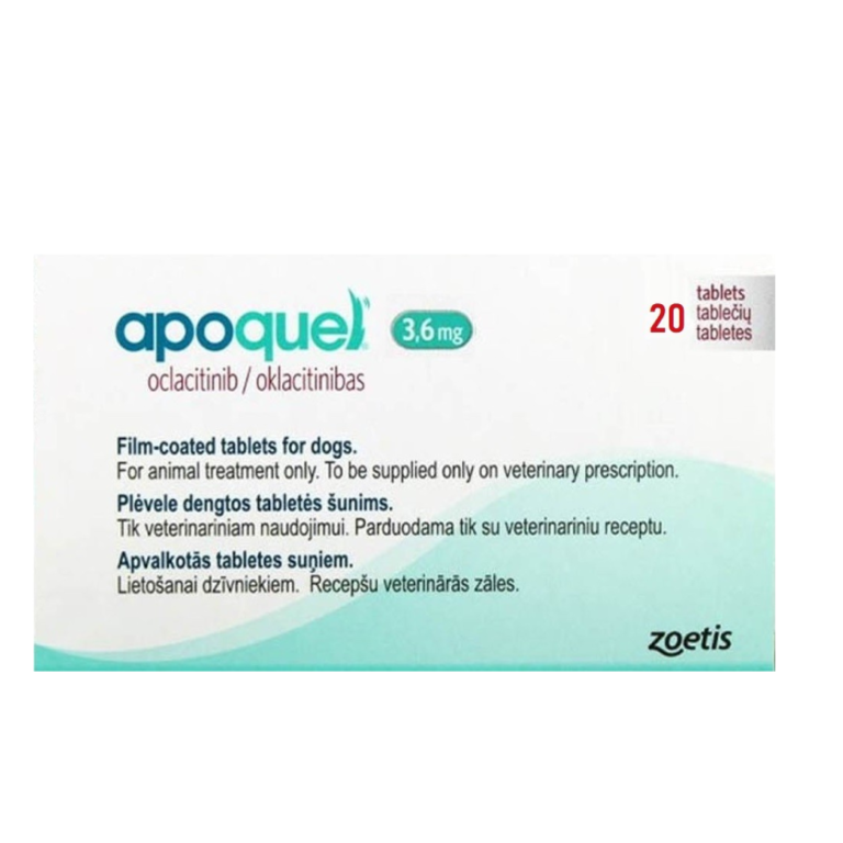 APOQUEL 3.6 MG 20 TABS Tratamiento de acción rápida, innovador y seguro para el control de prurito canino agudo y crónico. Medivet Puebla distribuidora veterinaria para tu farmacia veterinaria