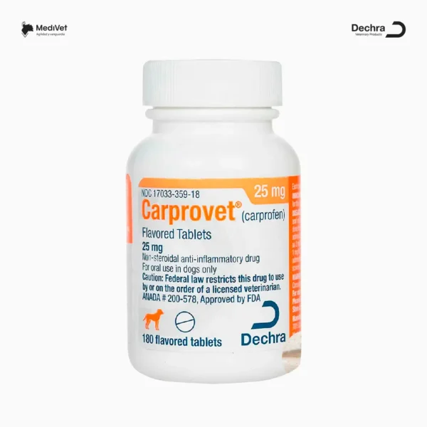 CARPROVET 25 60 TABLETAS cción antiinflamatoria , antipirética y analgésica. Está indicado para aliviar el dolor e inflamación en caninos. Medivet Puebla