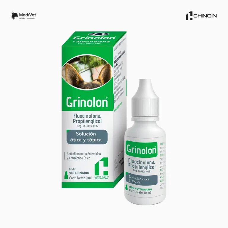 GRINOLON OTICO Y TOPICO 10 ML Solución antiinflamatoria, antiséptica y antiprurítica indicada para la otitis aguda y crónica en caninos y felinos. Medivet Puebla