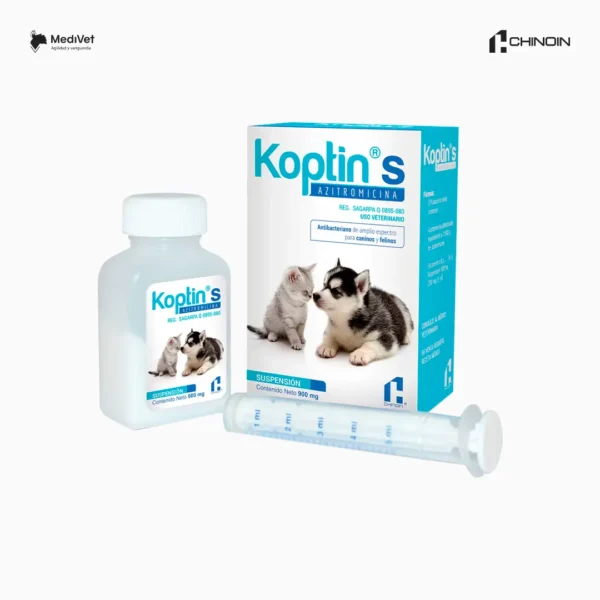 KOPTIN S POLVO Antibiótico en suspensión de 900 mg (200 mg /5 ml)USO: Caninos y Felinos domésticos. Medivet Puebla