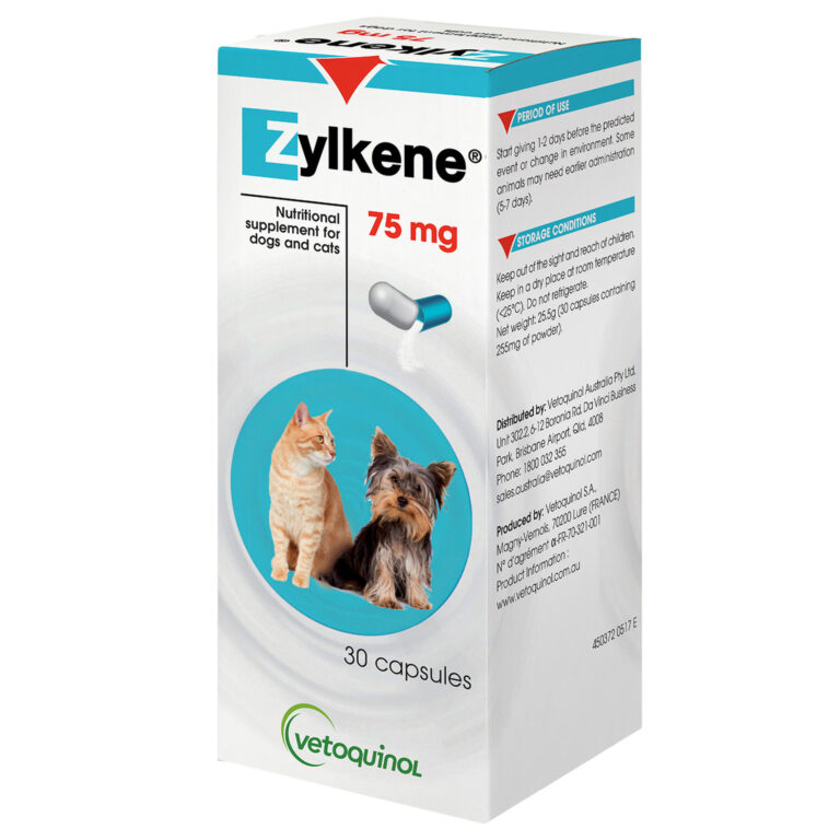 CALMANTE PARA PERRO Y GATO ZYLKENE 75 MG 30 CAPS suplemento calmante para gatos y perros pequeños que les ayuda a sobrellevar situaciones desafiantes dentro y fuera del hogar. Medivet Puebla distribuidora veterinaria para tu farmacia veterinaria